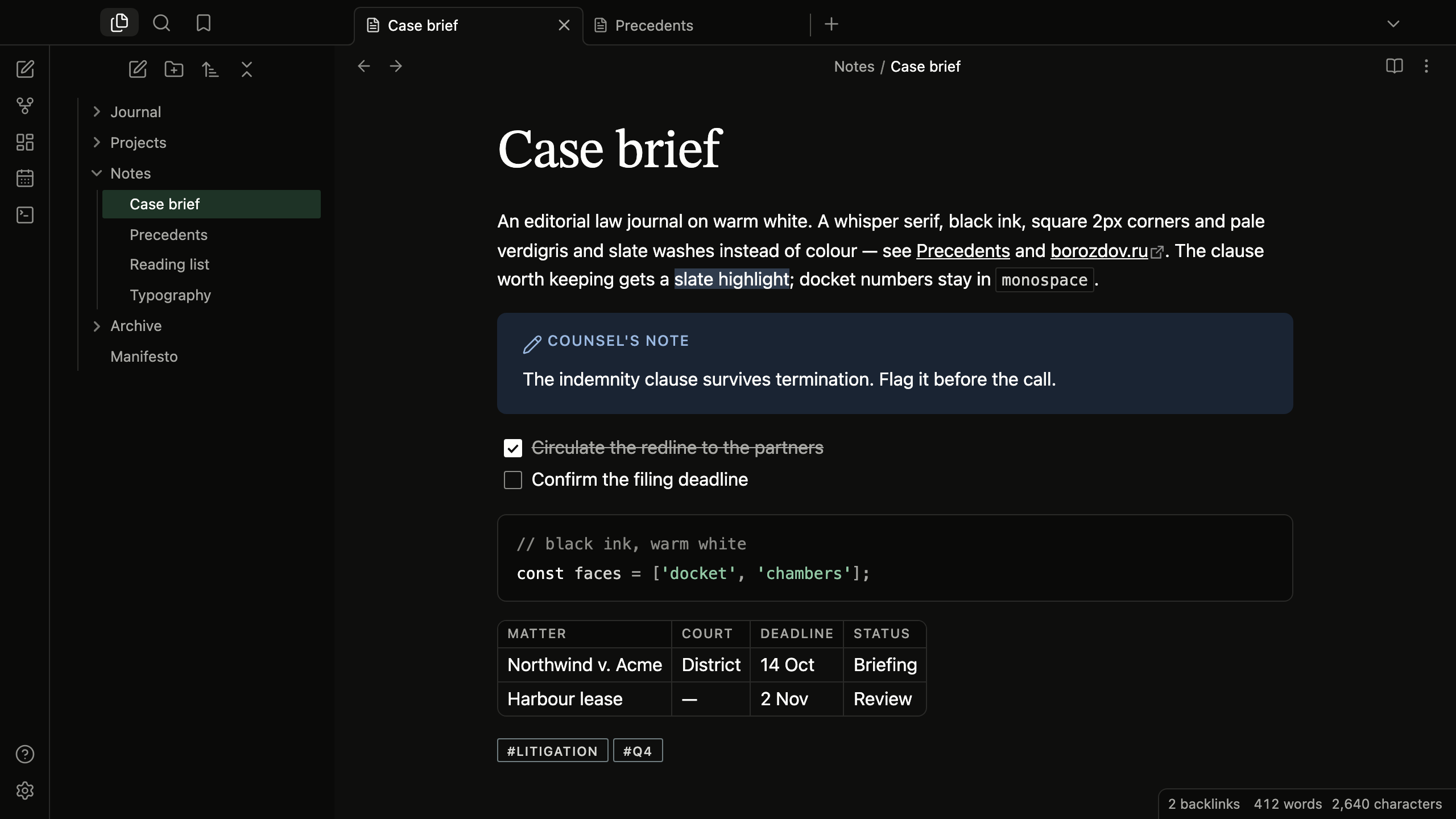 Borozdov Brief in dark mode