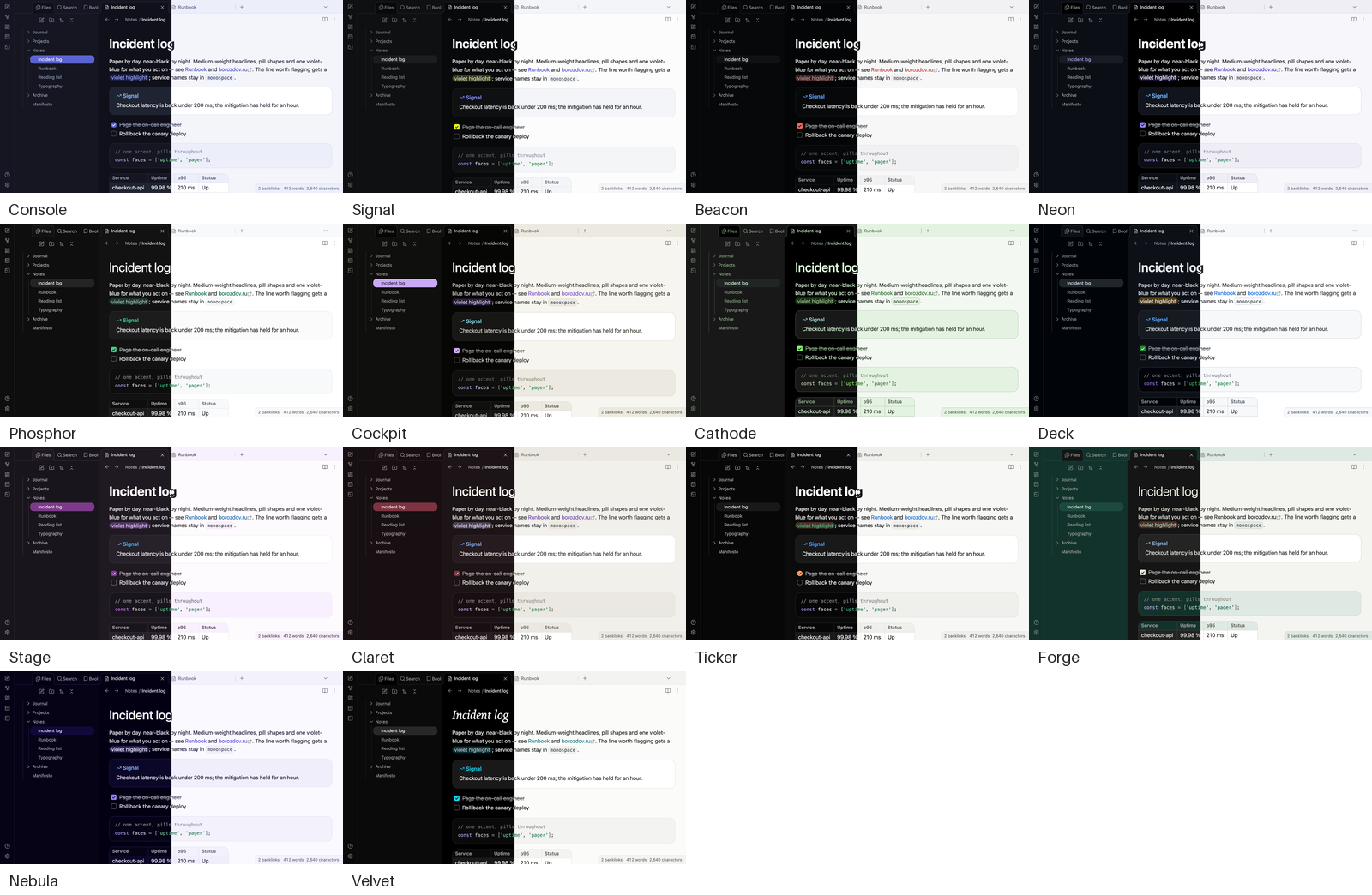 Every variant of Borozdov Console, dark and light