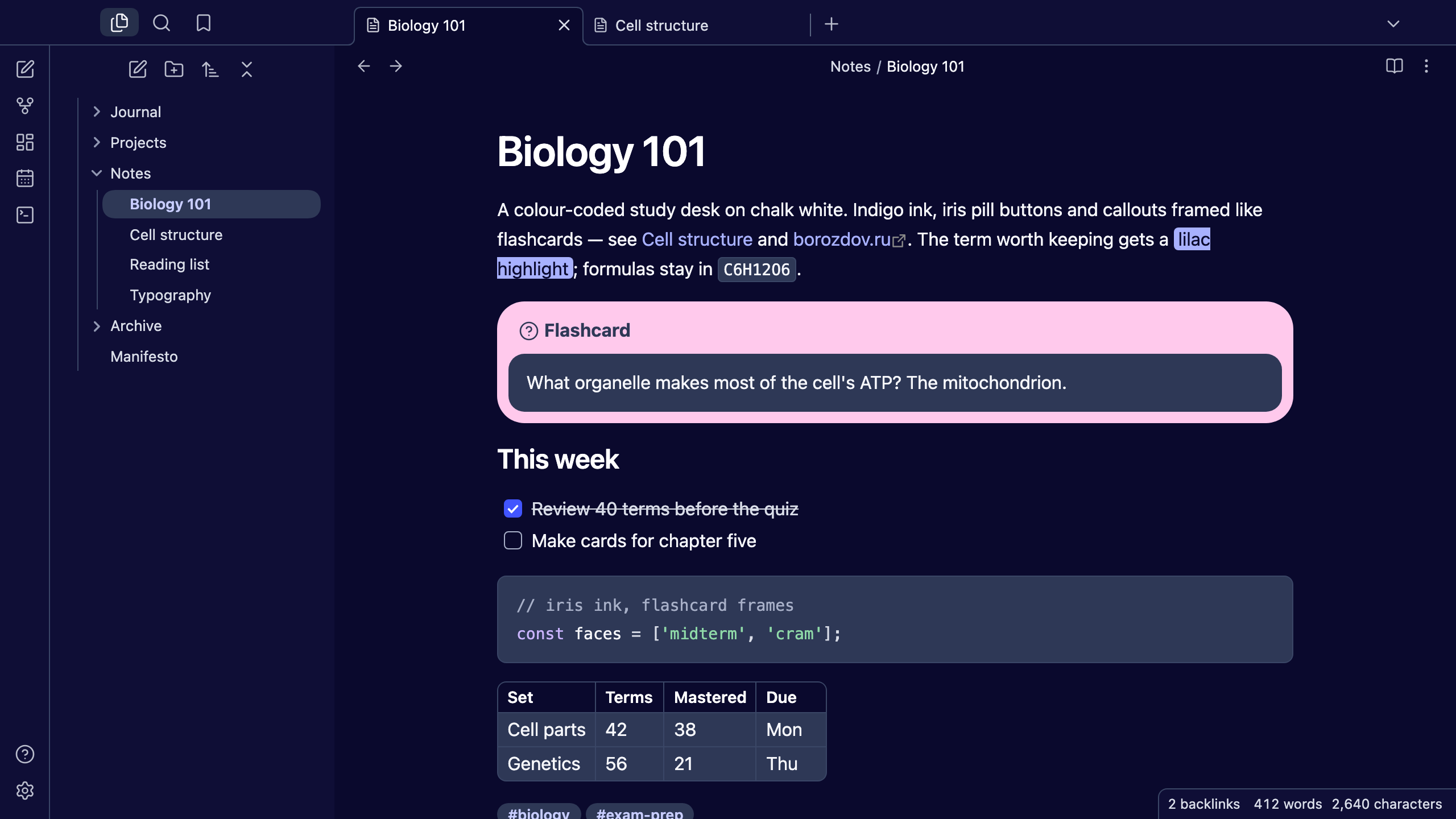 Borozdov Flashcard in dark mode