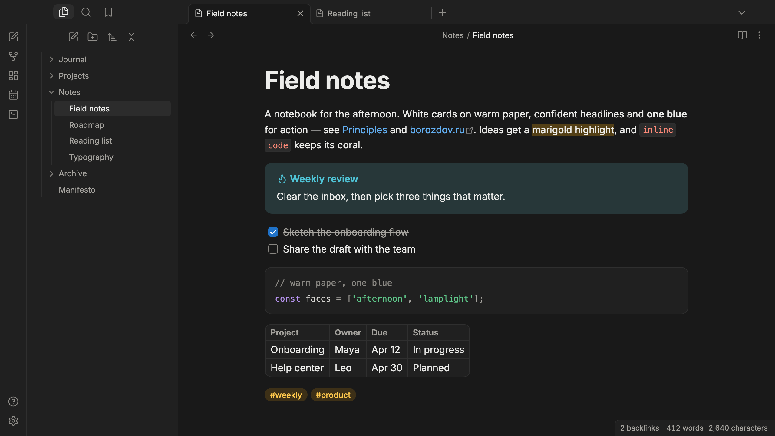Borozdov Folio in dark mode