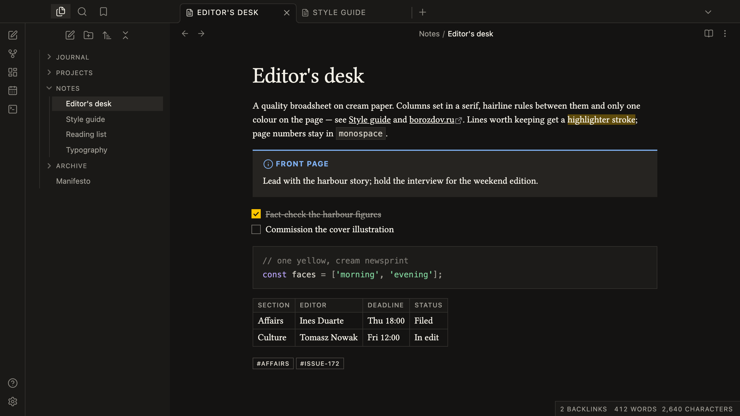 Borozdov Gazette in dark mode