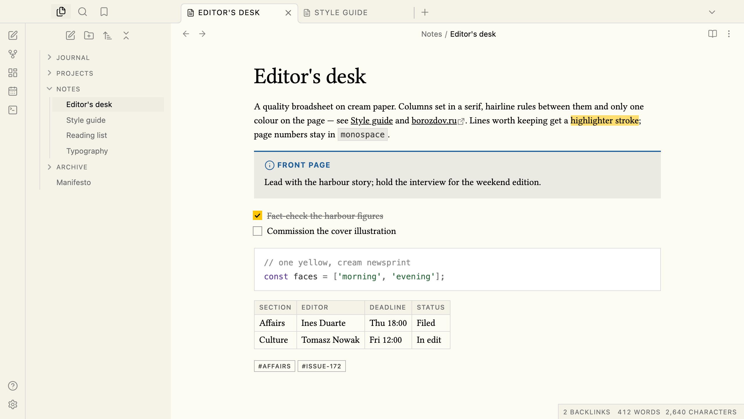 Borozdov Gazette in light mode