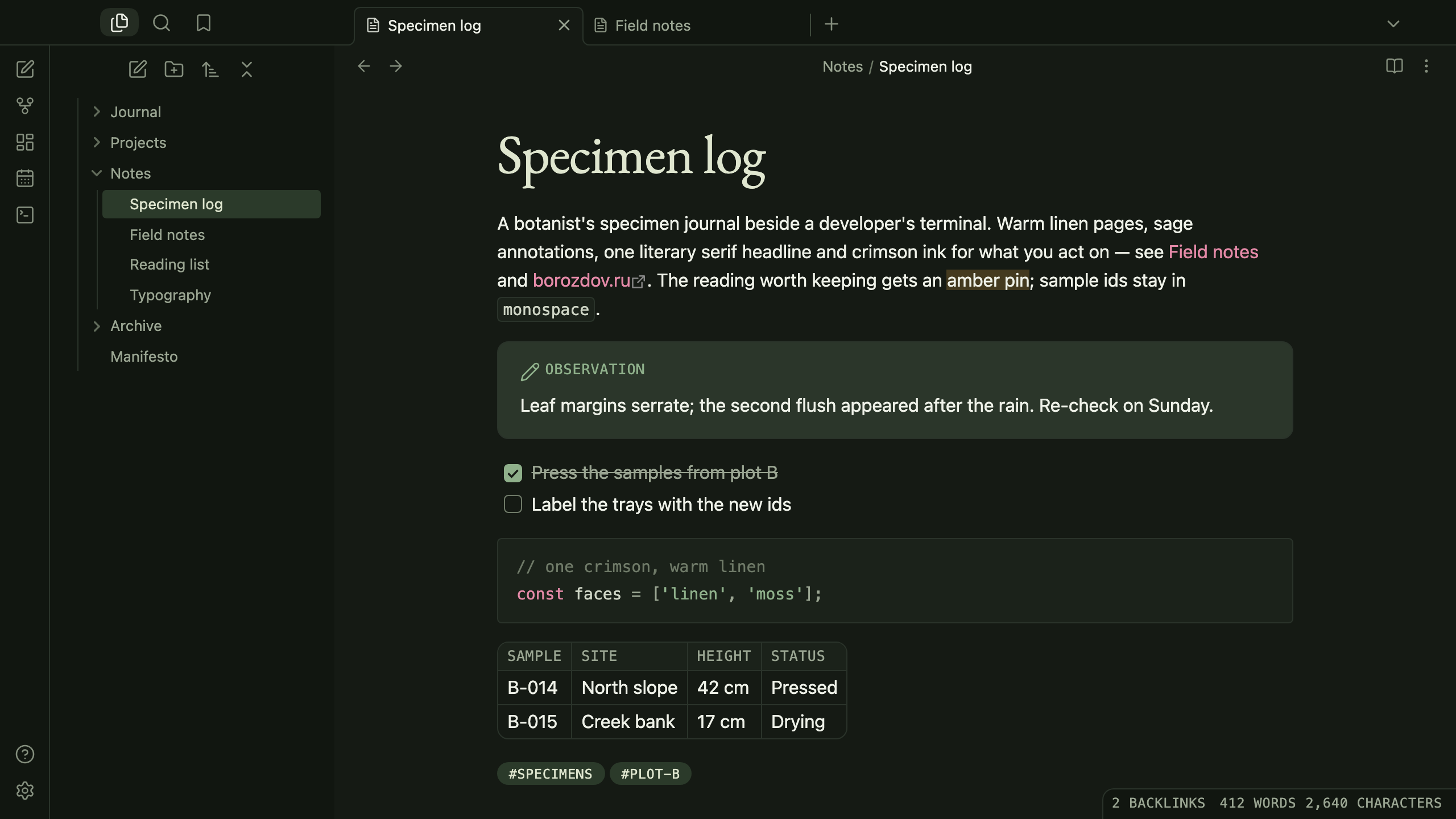 Borozdov Herbarium in dark mode