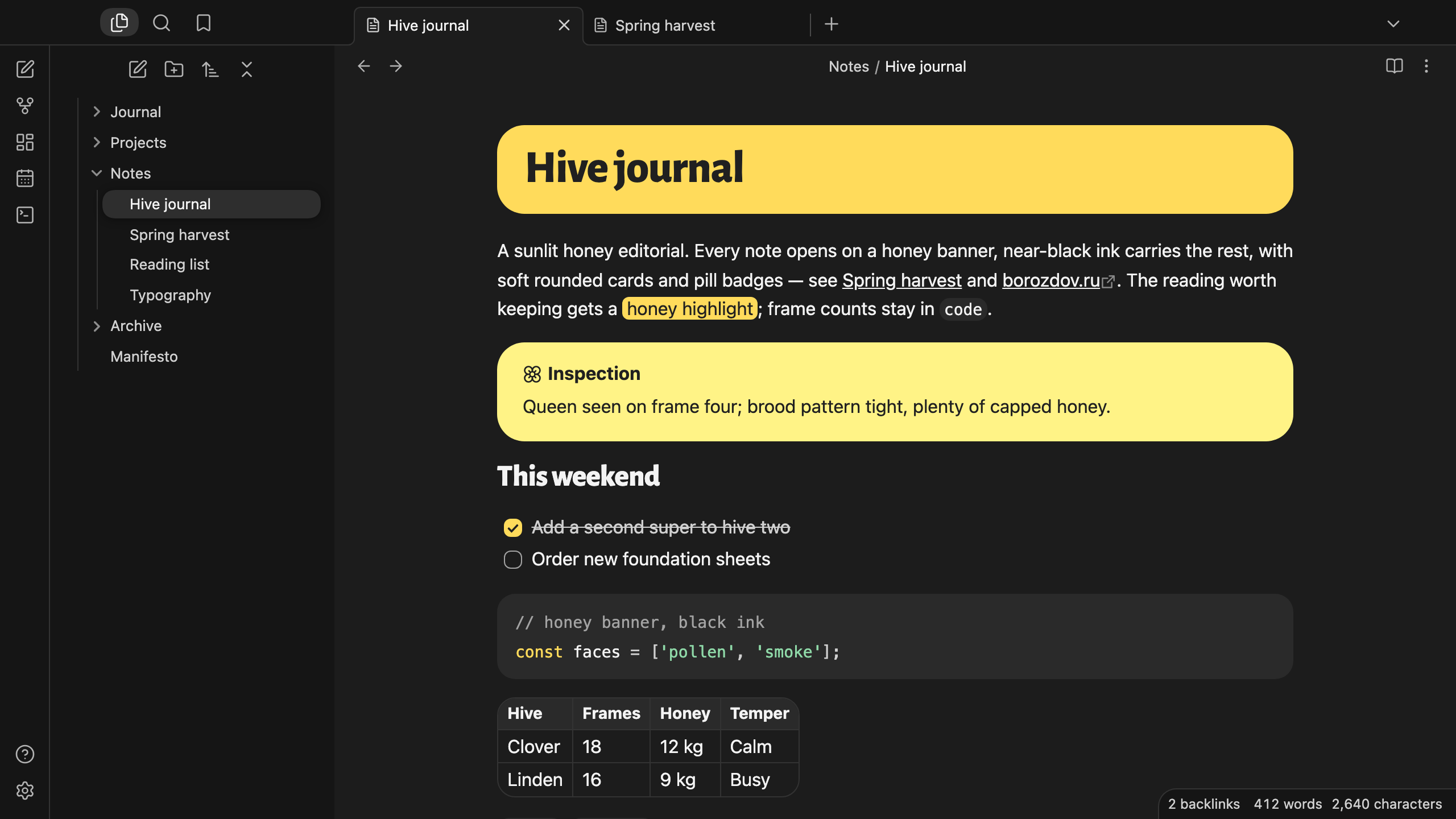 Borozdov Hive in dark mode