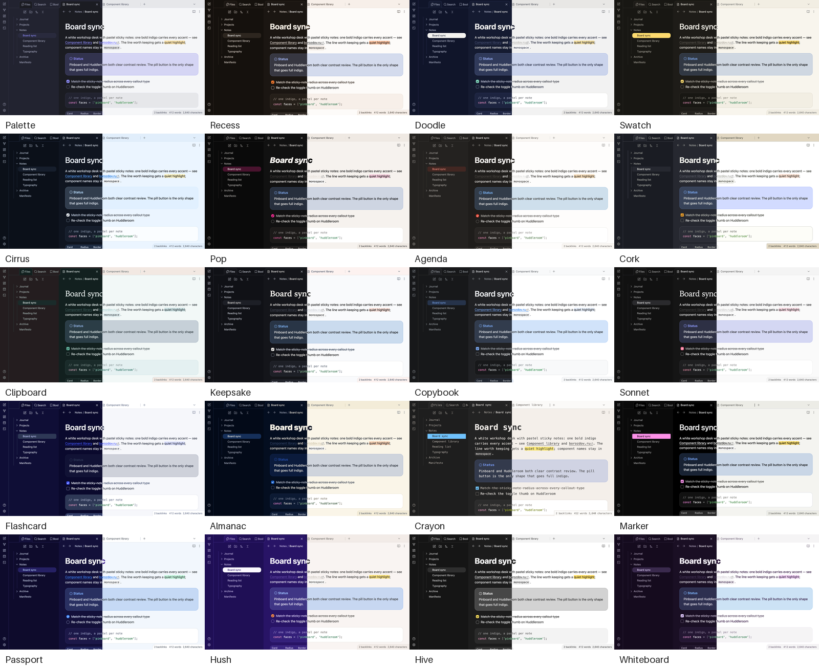 Every variant of Borozdov Palette, dark and light