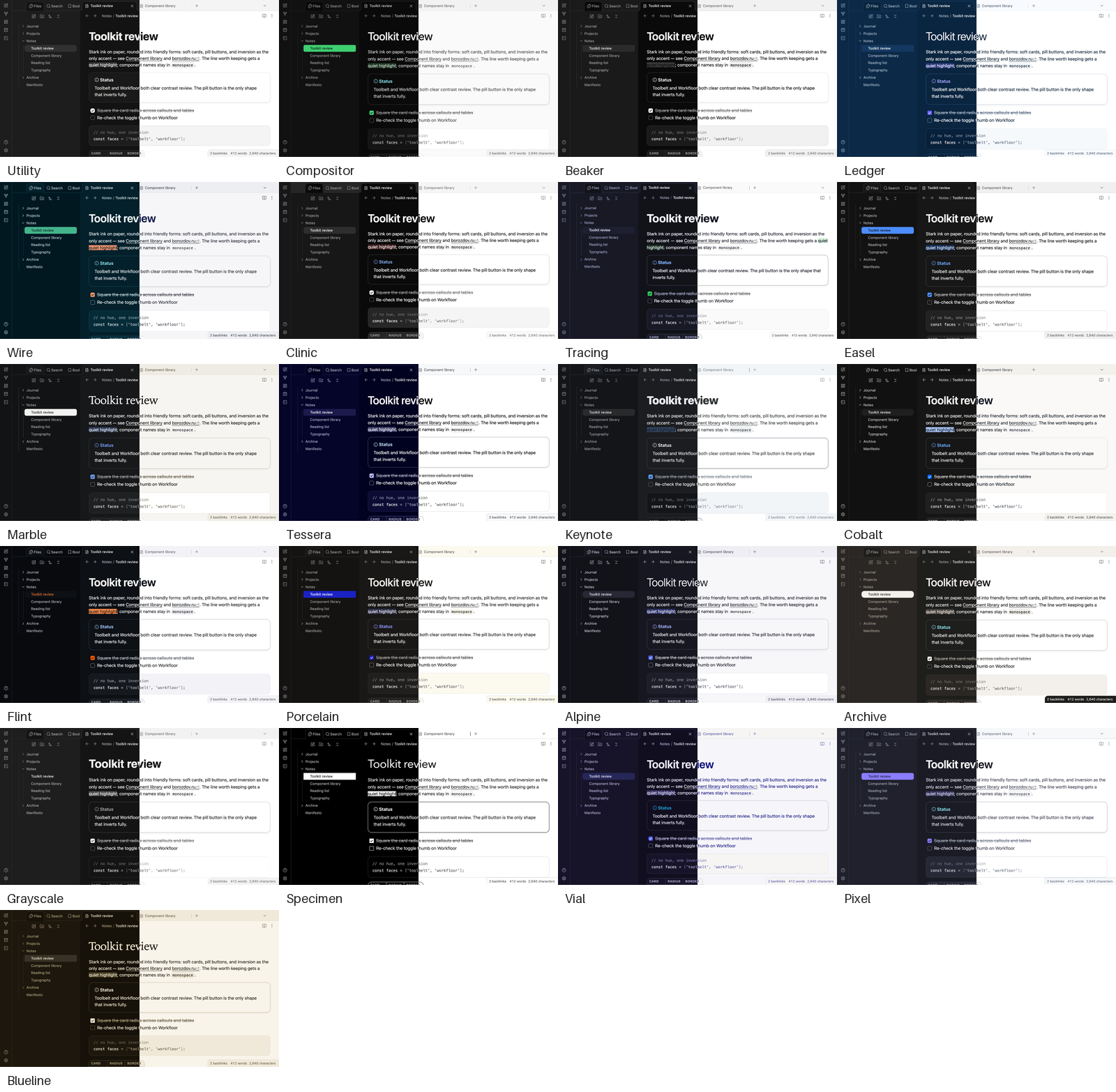Every variant of Borozdov Utility, dark and light