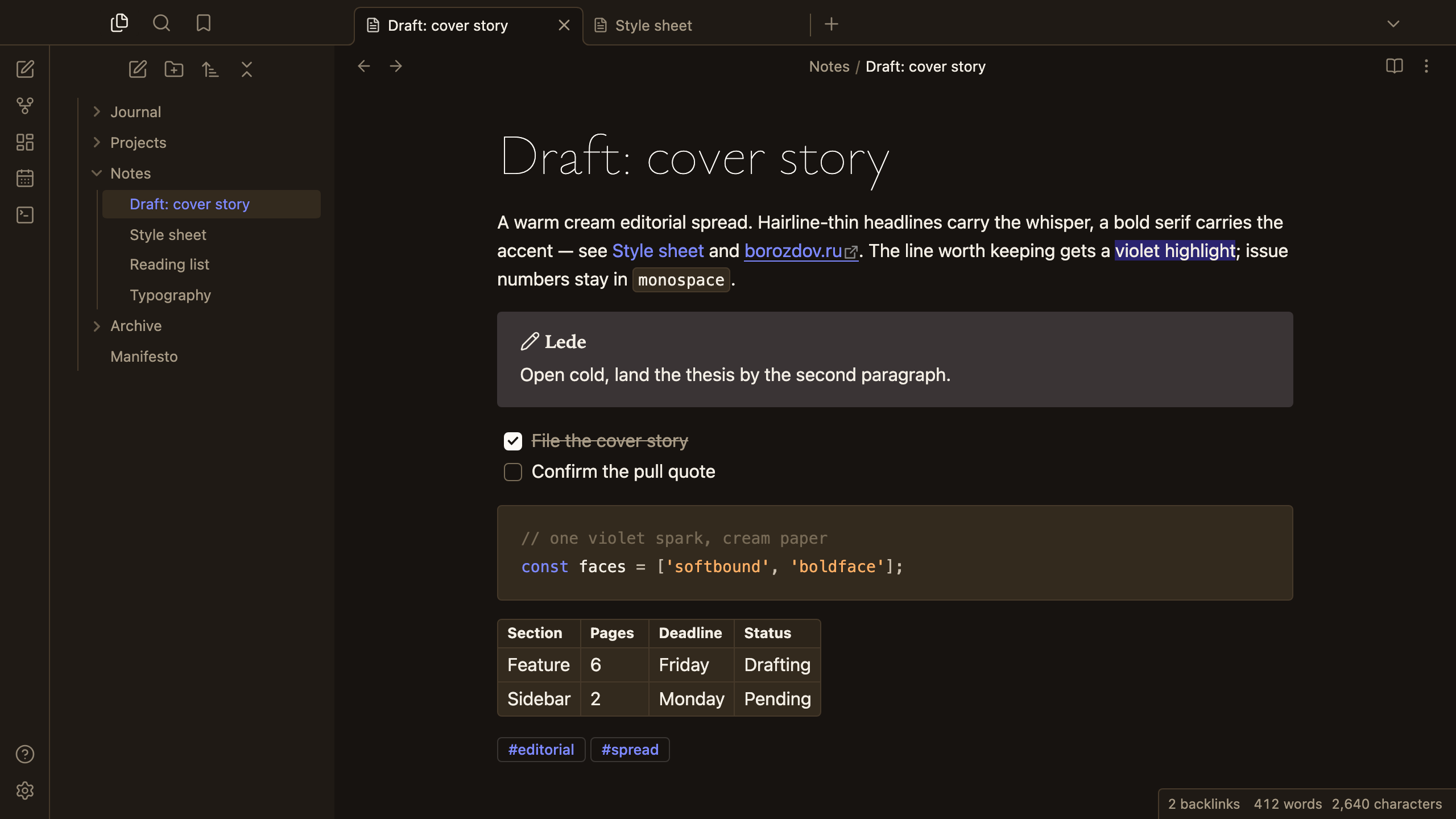 Borozdov Whisper in dark mode