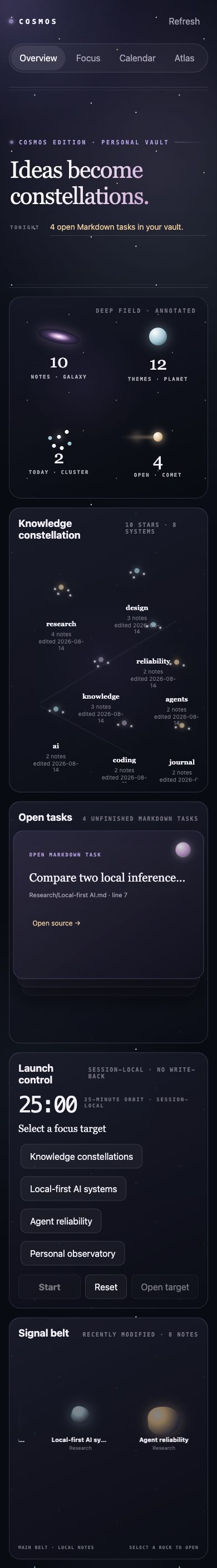Cosmos Edition responsive overview with synthetic demo metadata