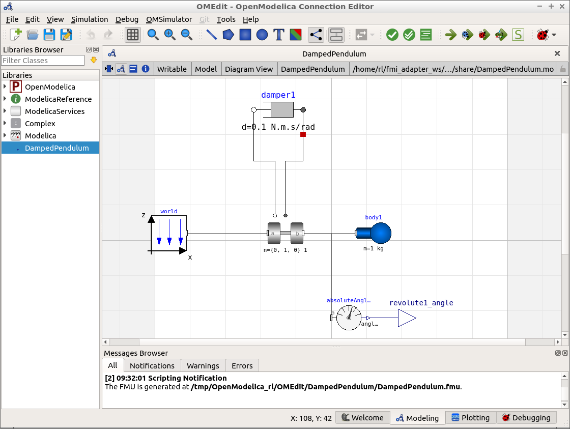 Screenshot of the DampedPendulum model in OMEdit V1.14.1
