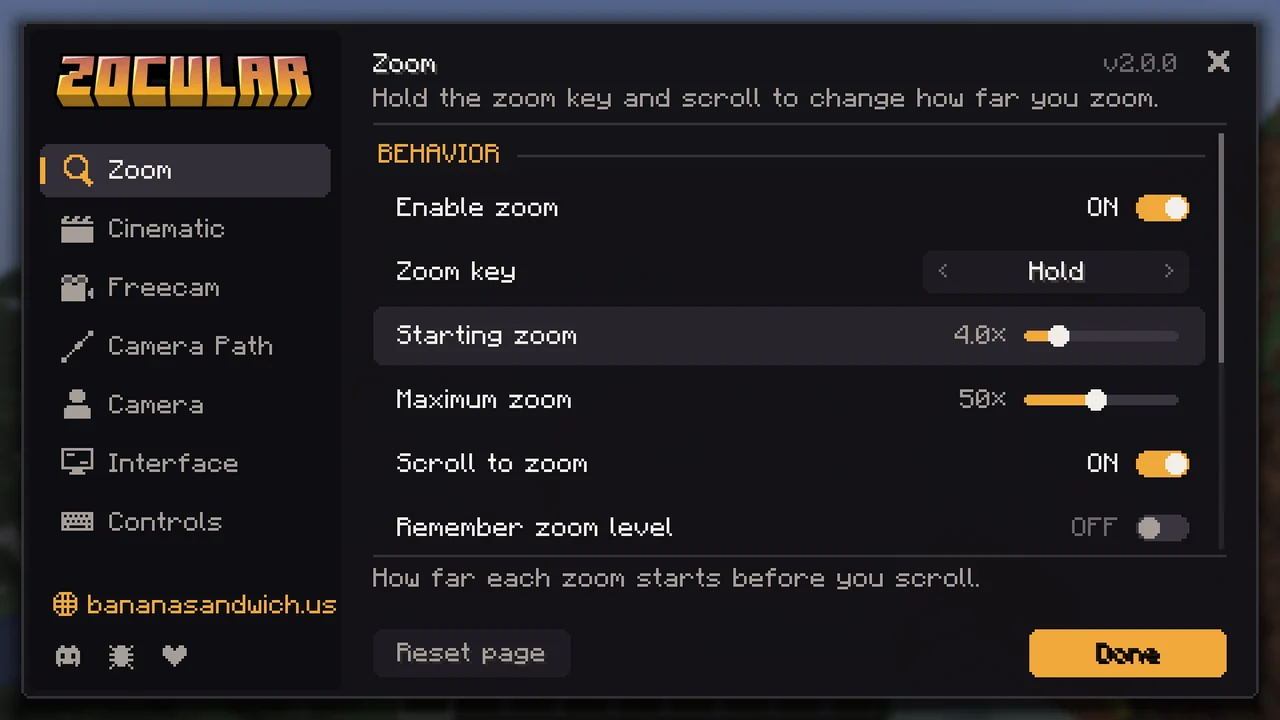 Zocular settings screen