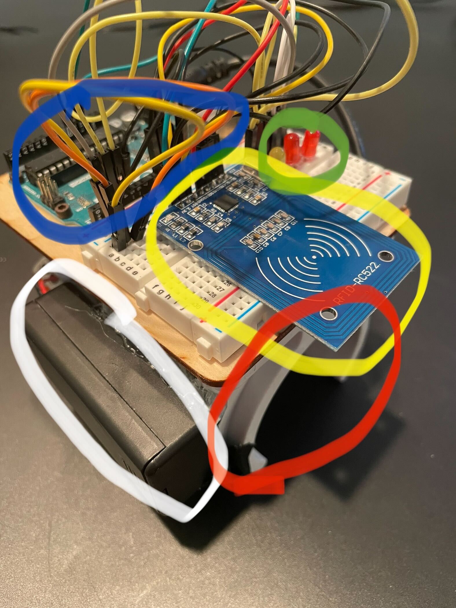 Blue outline is the "Arduino"- Green outline is the "status LEDS ...