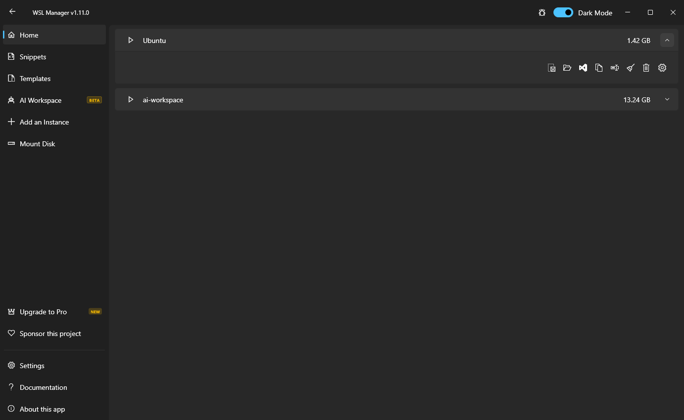 WSL Distro Manager on Windows, dark theme