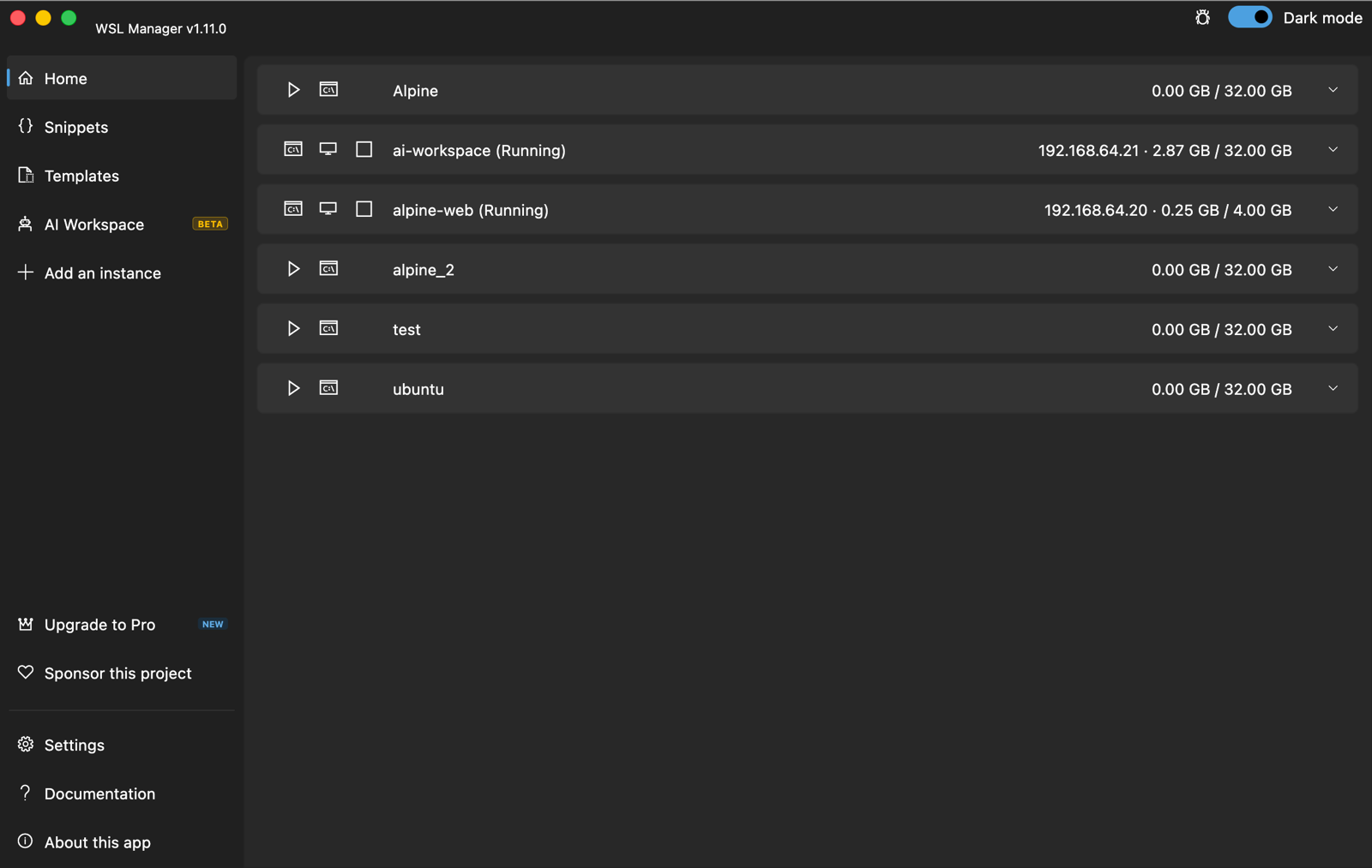 WSL Manager on macOS, dark theme