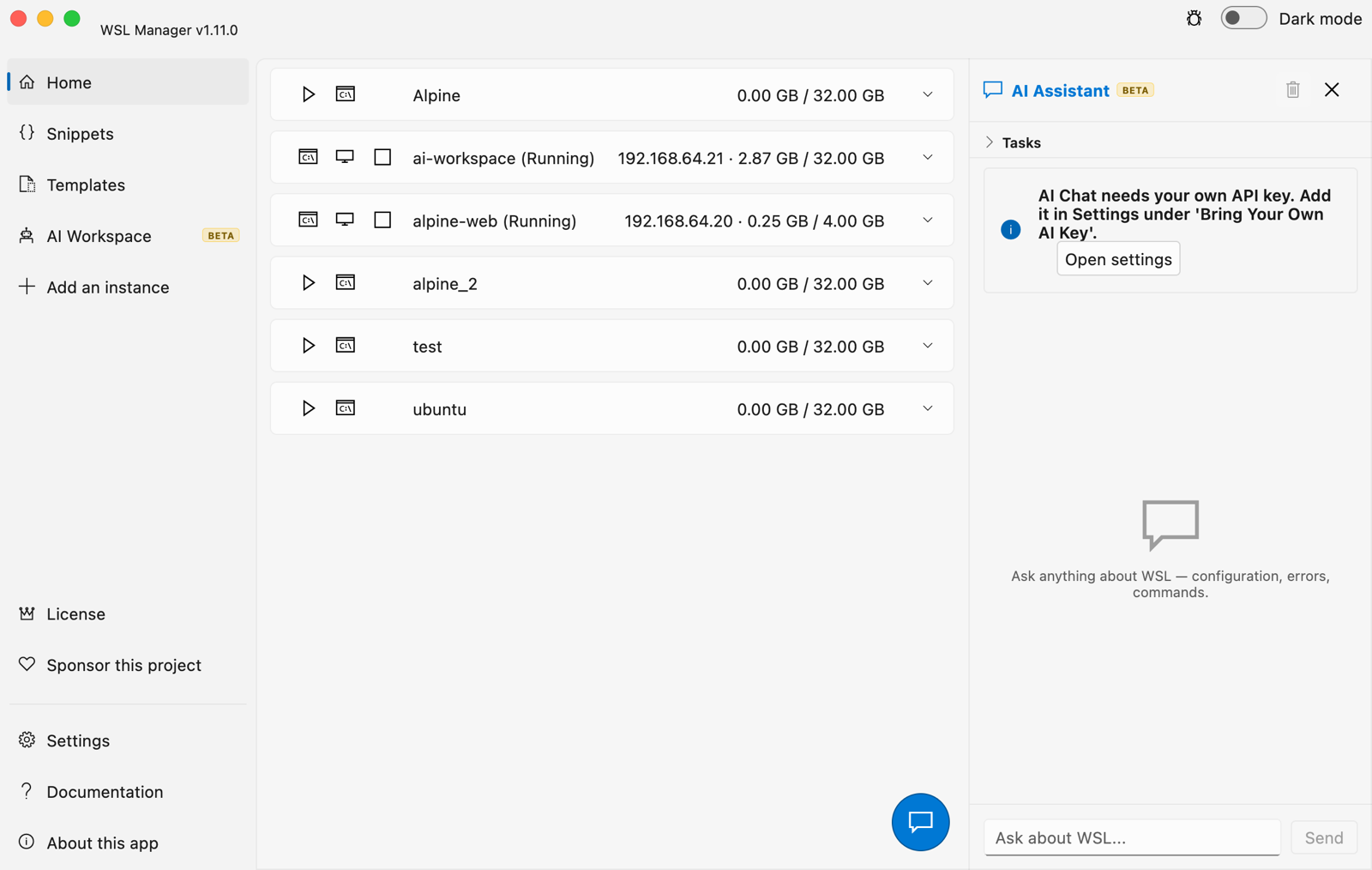 WSL Manager on macOS, light theme, with the AI assistant open