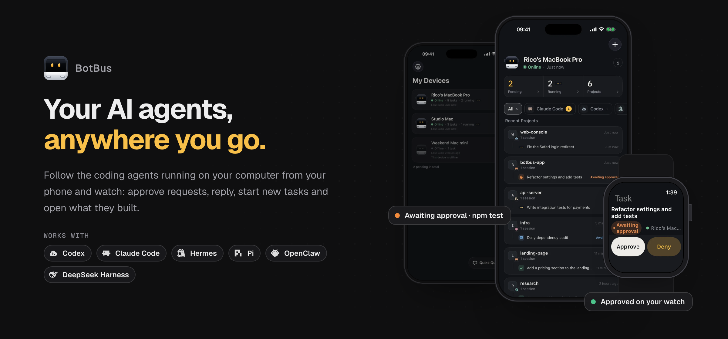 BotBus on iPhone and Apple Watch: computers, projects, tasks and an approval request