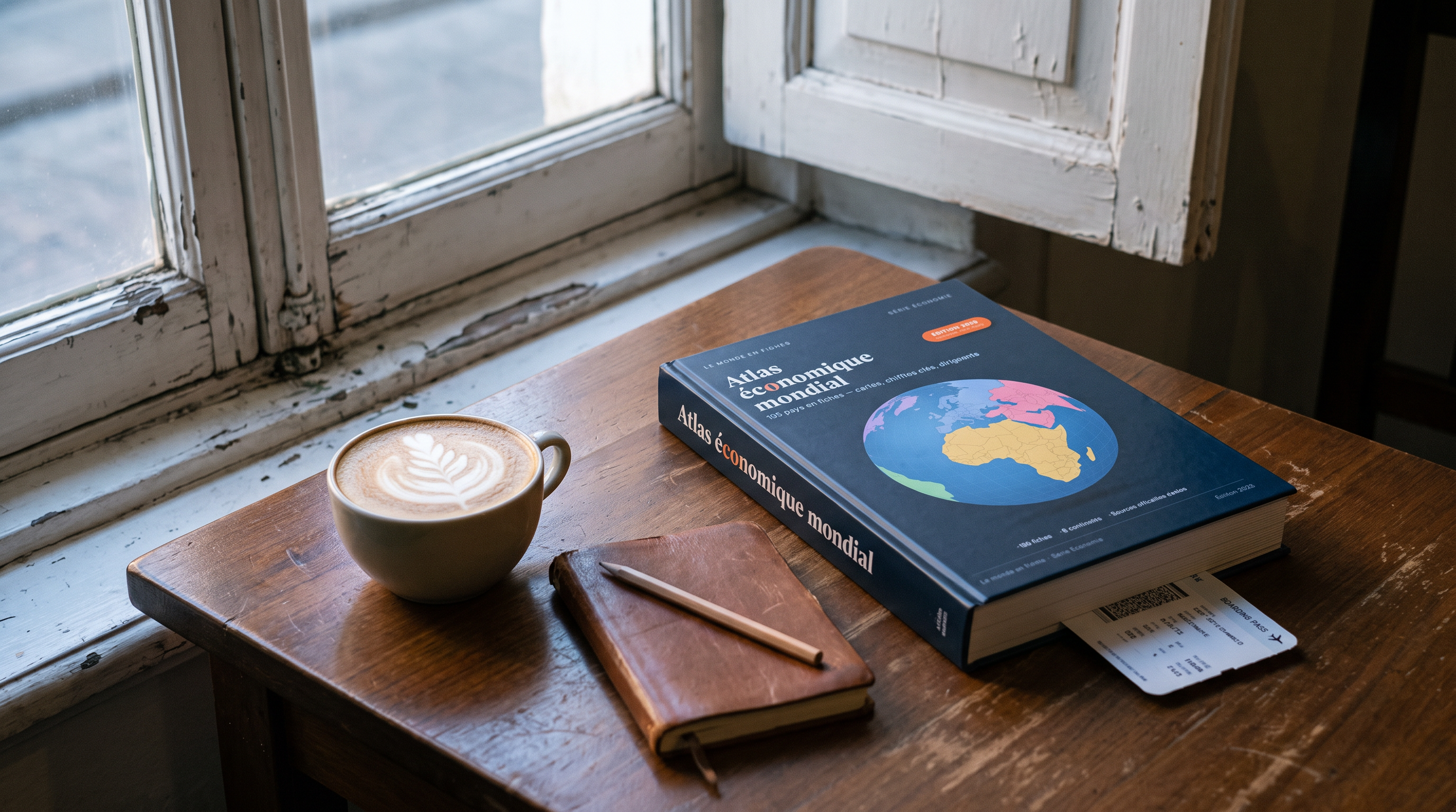 L'Atlas économique mondial posé sur une table en bois devant une fenêtre, à côté d'un café et d'un carnet