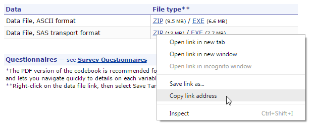 'Copy link address' selection on MEPS data file website