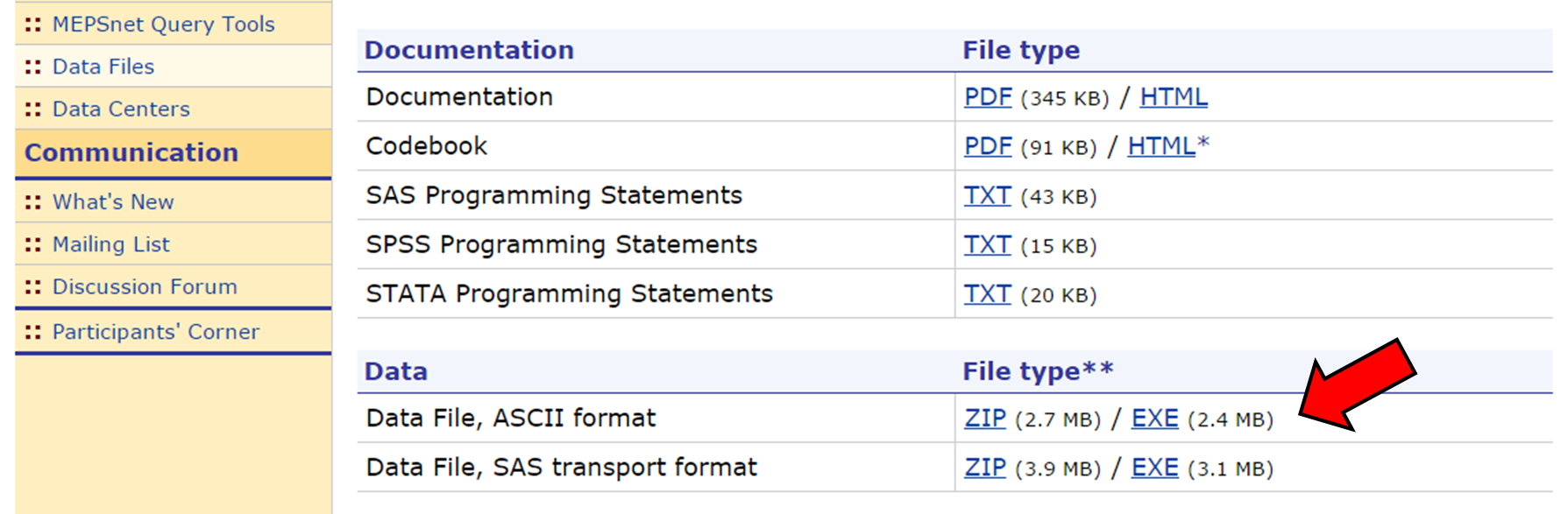 MEPS data files website screenshot