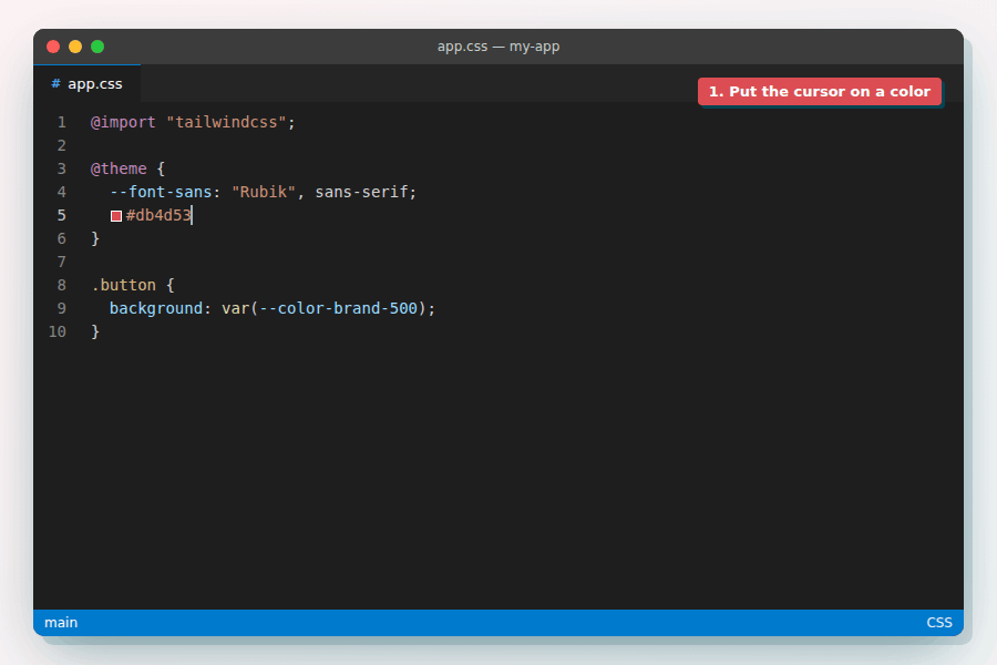 Put the cursor on #db4d53, press Ctrl+K Ctrl+G, name it brand, and a Tailwind v4 @theme palette from brand-50 to brand-950 is written in OKLCH