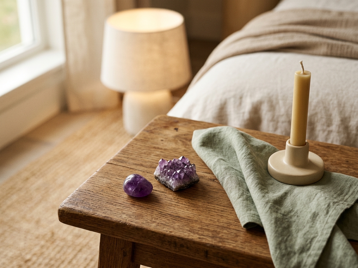 Améthyste roulée et petit amas violet posés sur une table de chevet en bois avec une bougie