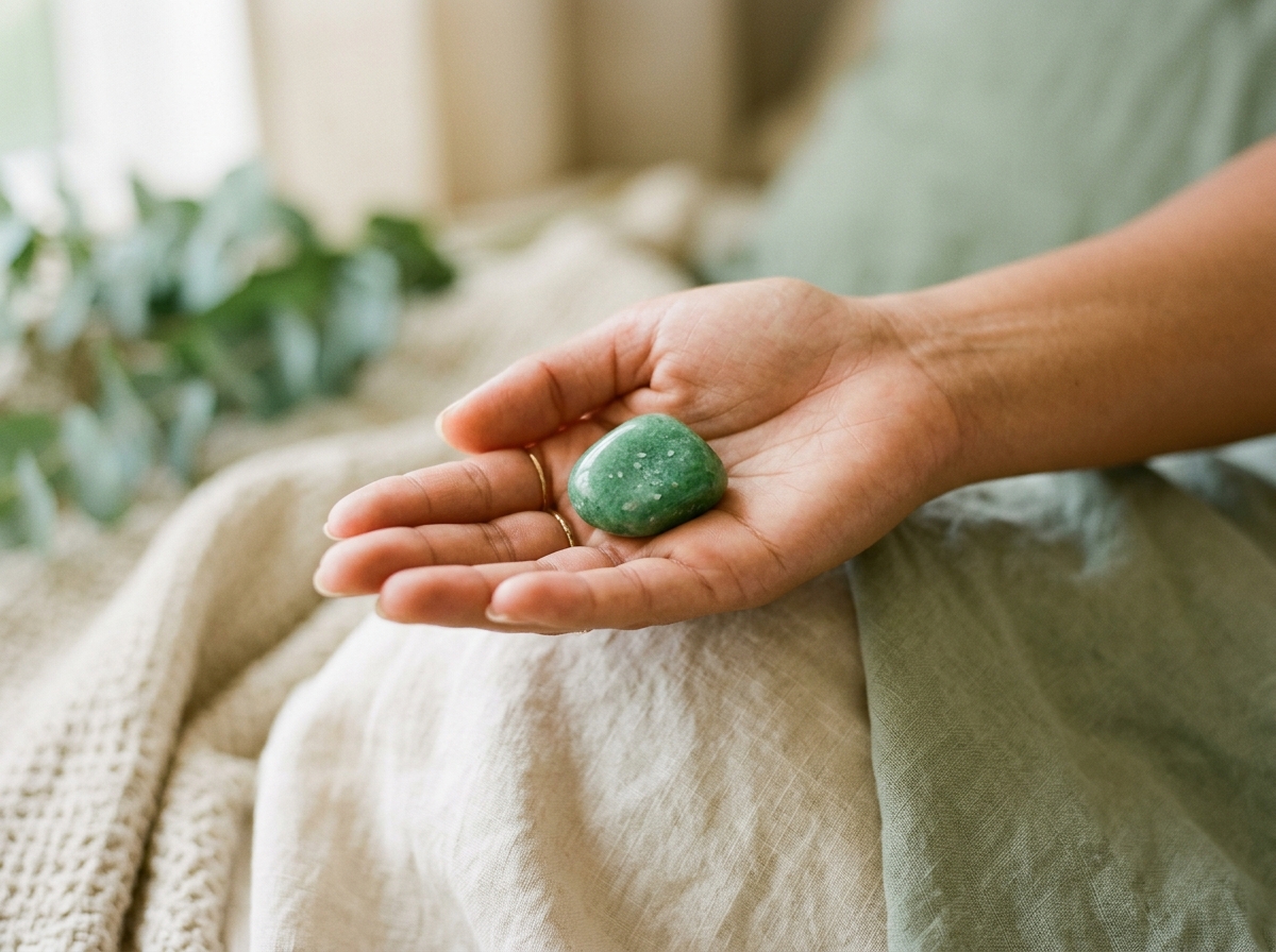 Pierre d'aventurine verte tenue dans une main, lumière douce