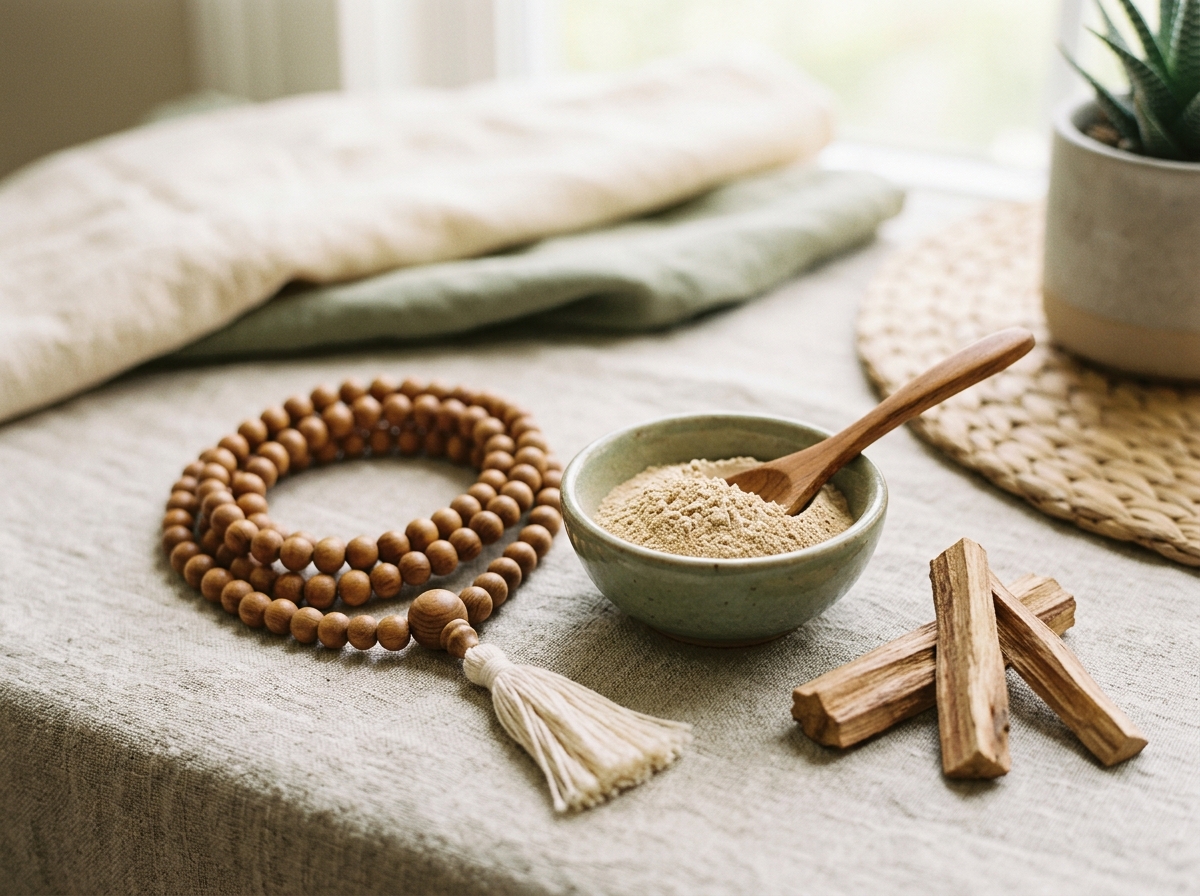 Perles et copeaux de bois de santal posés sur un linge clair