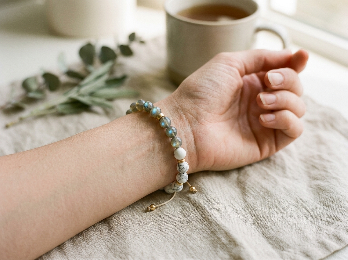 Bracelet en pierres naturelles porté au poignet, lumière douce