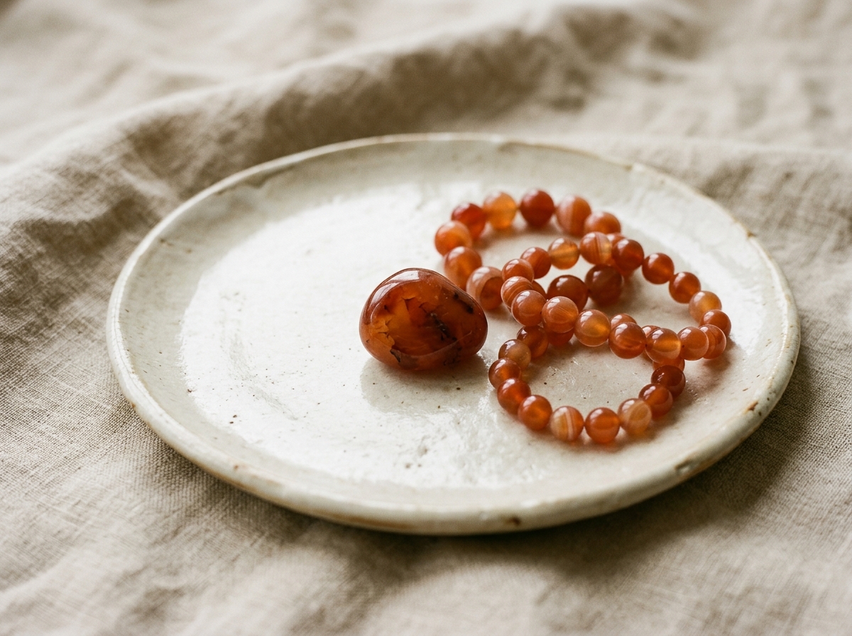 Perles et pierre roulée de cornaline orange sur assiette en céramique