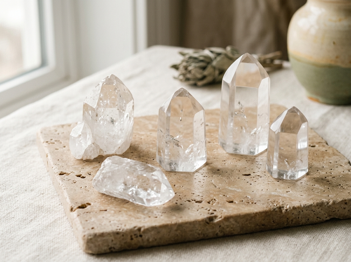 Pointes de cristal de roche brutes et polies sur une pierre plate