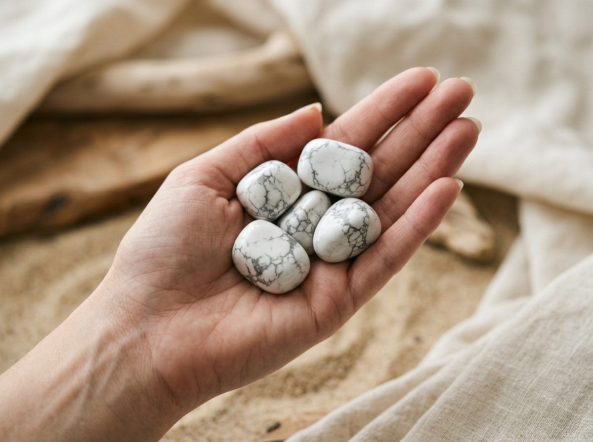 Pierres roulées en howlite blanche tenues dans une main, lumière naturelle douce