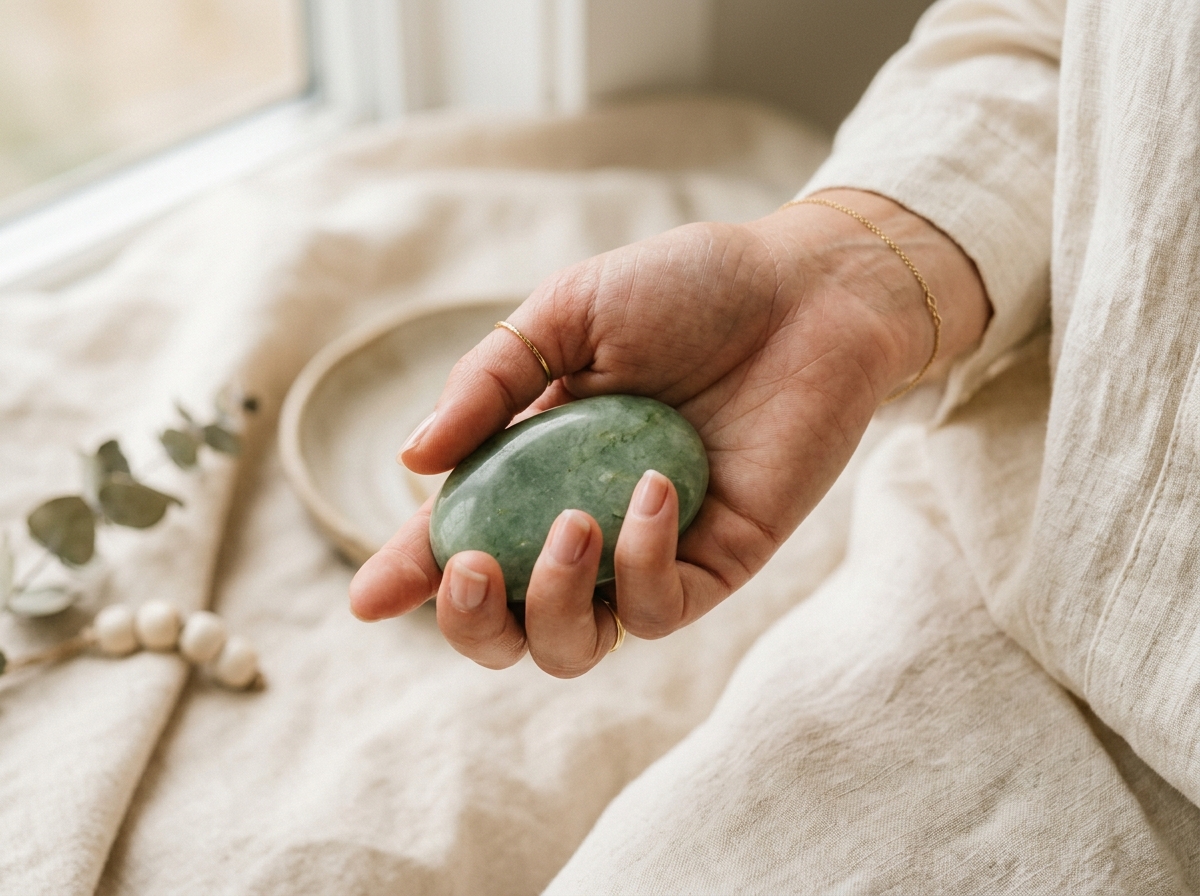 Pierre de jade vert tenue dans une main, lumière naturelle douce