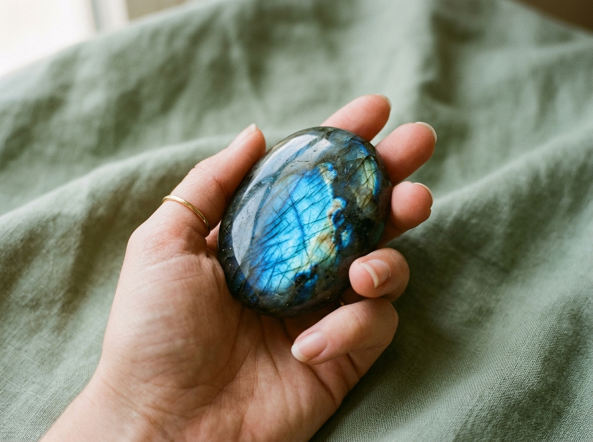 Main tenant une labradorite polie aux reflets bleus sur un tissu sauge
