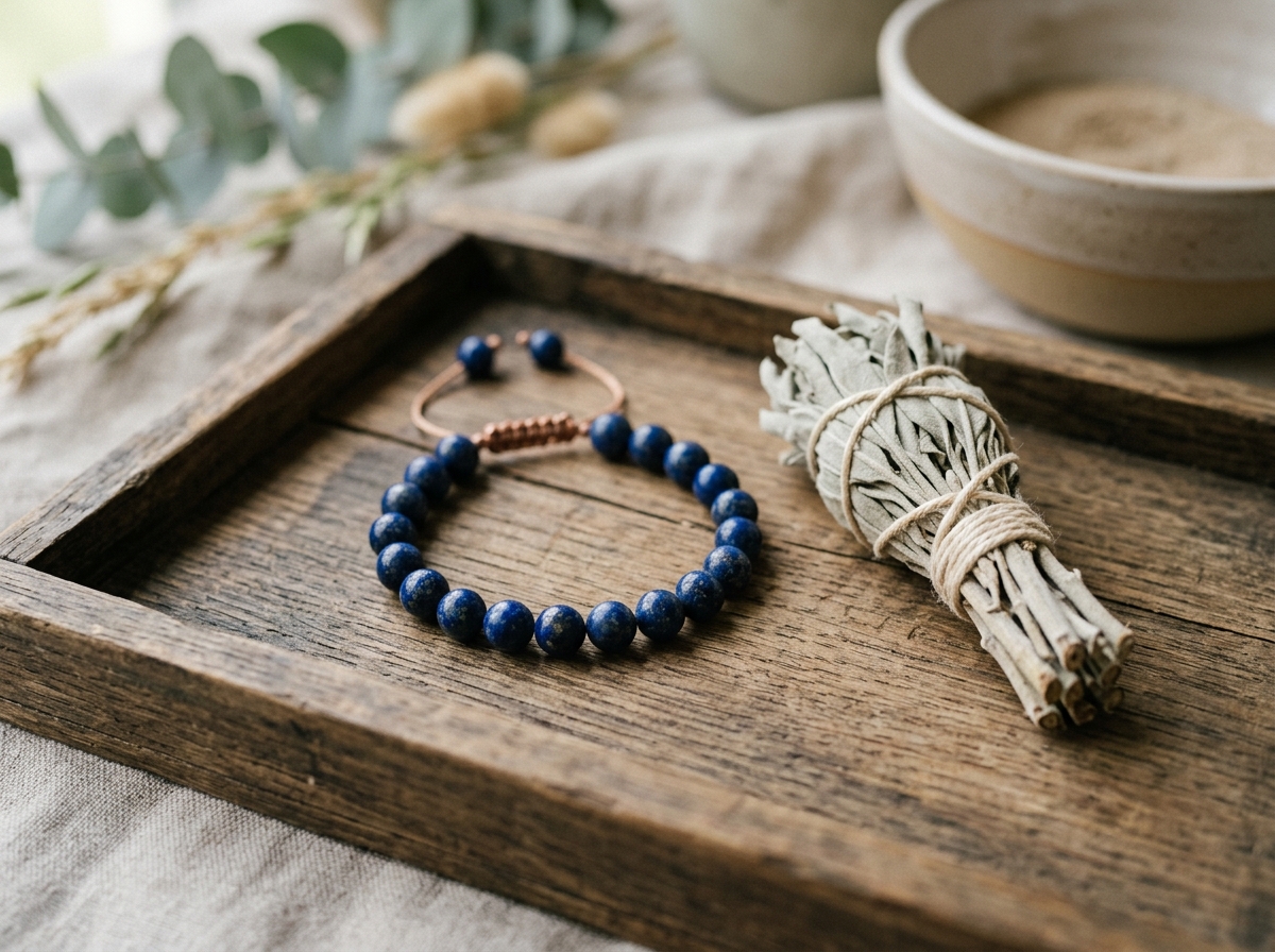 Bracelet en lapis-lazuli et bouquet de sauge blanche posés sur un plateau en bois