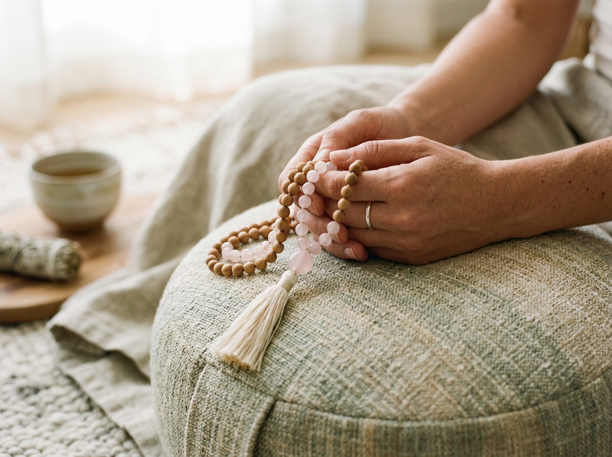 Mala en perles de bois et pierres tenu dans les mains lors d'une méditation