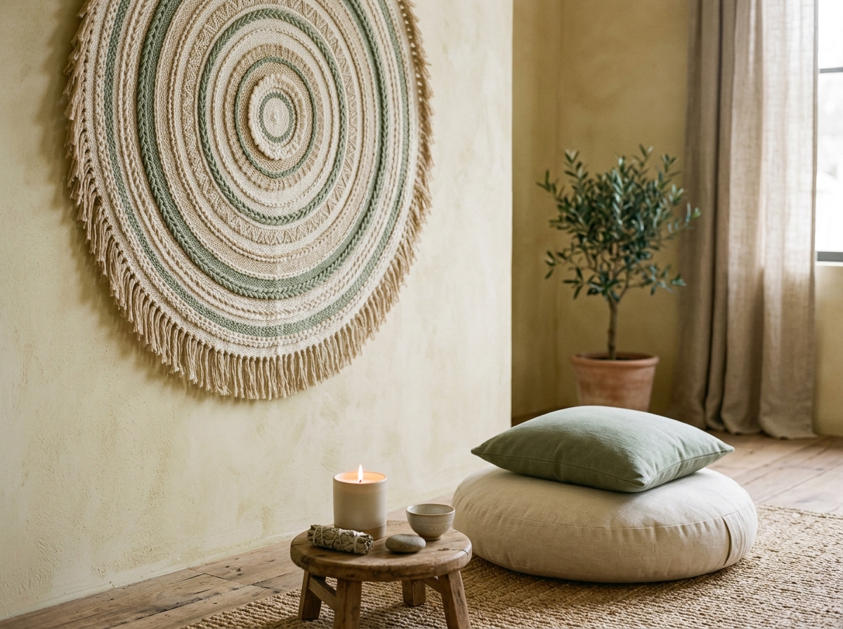 Tenture murale à motif mandala dans un coin méditation aux tons sable et sauge