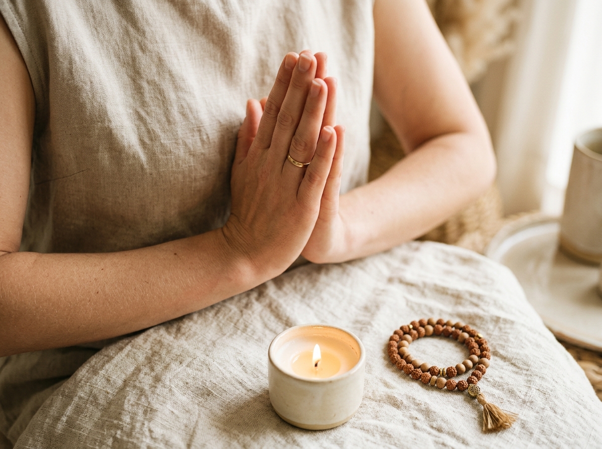Mains jointes en geste de namasté, ambiance zen