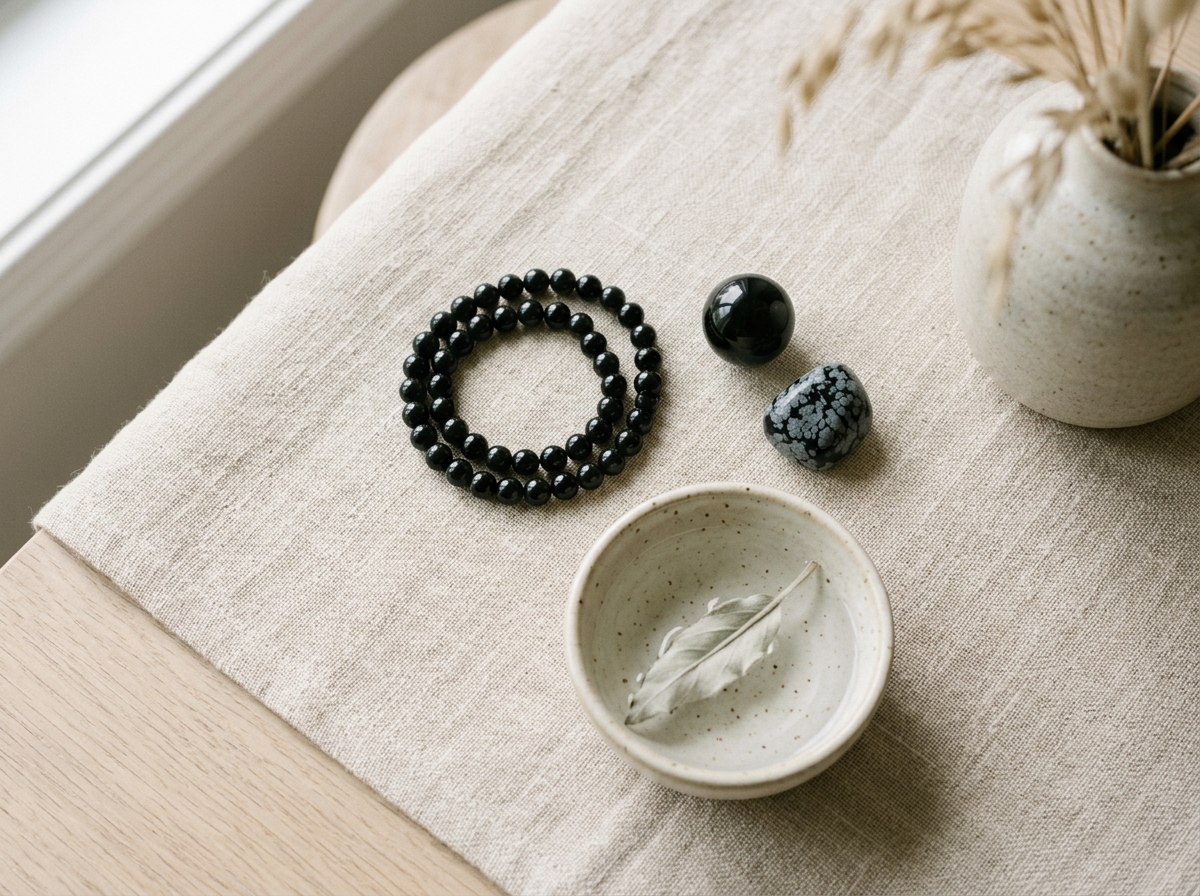 Bracelet et pierres d'obsidienne noire posés sur un lin sable