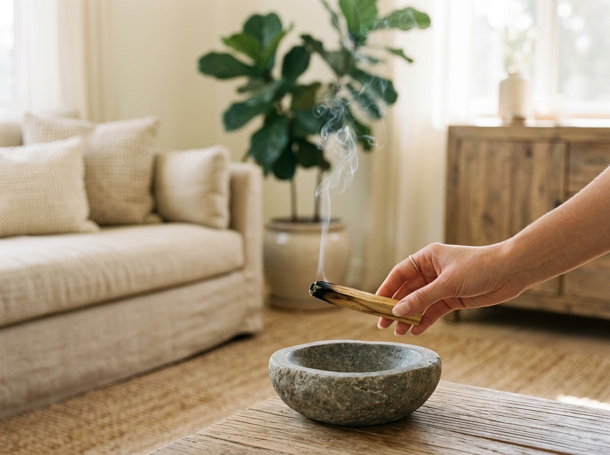Main tenant un bâton de Palo Santo fumant au-dessus d'une coupelle en pierre