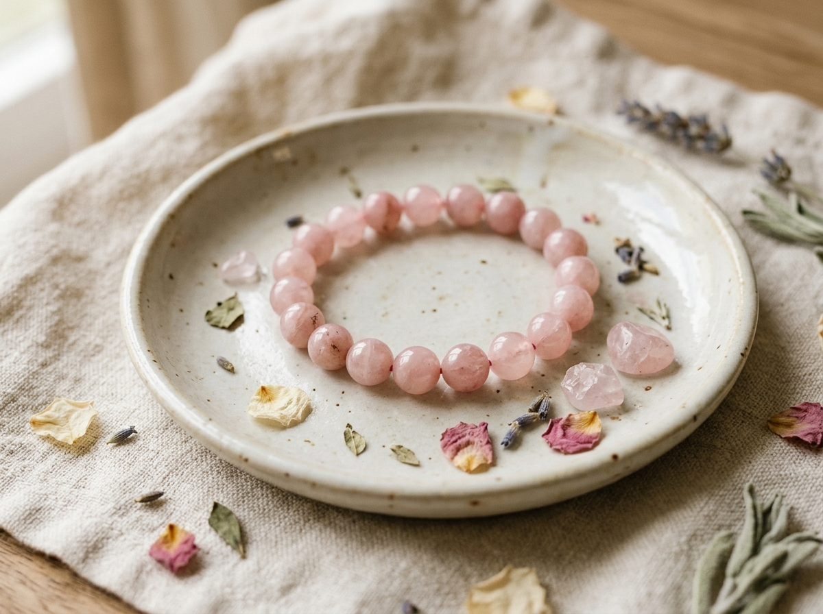 Bracelet en quartz rose et pierres roulées posés sur une coupe en céramique claire