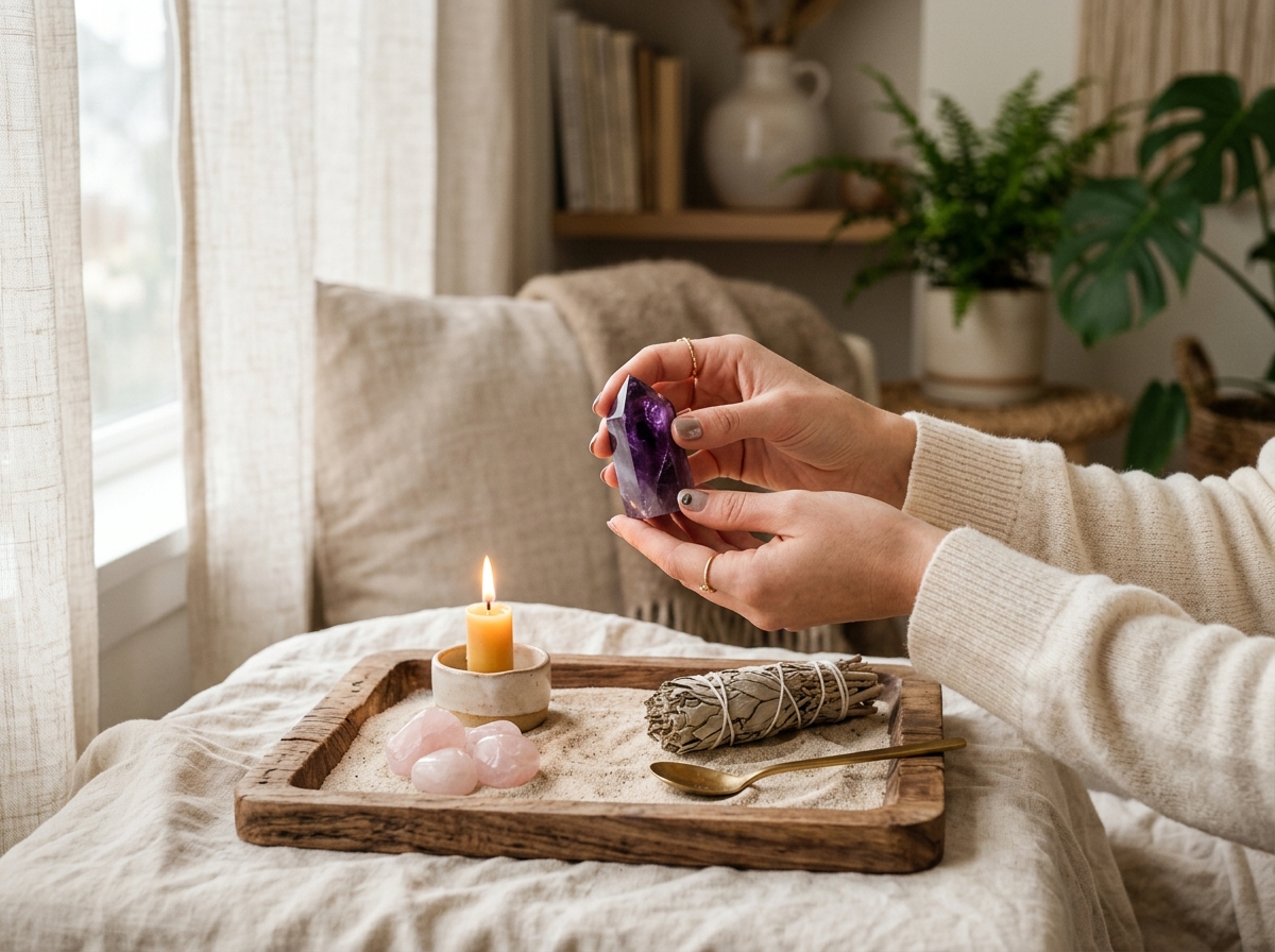 Améthyste tenue en main lors d'un rituel de détente avec bougie et quartz rose