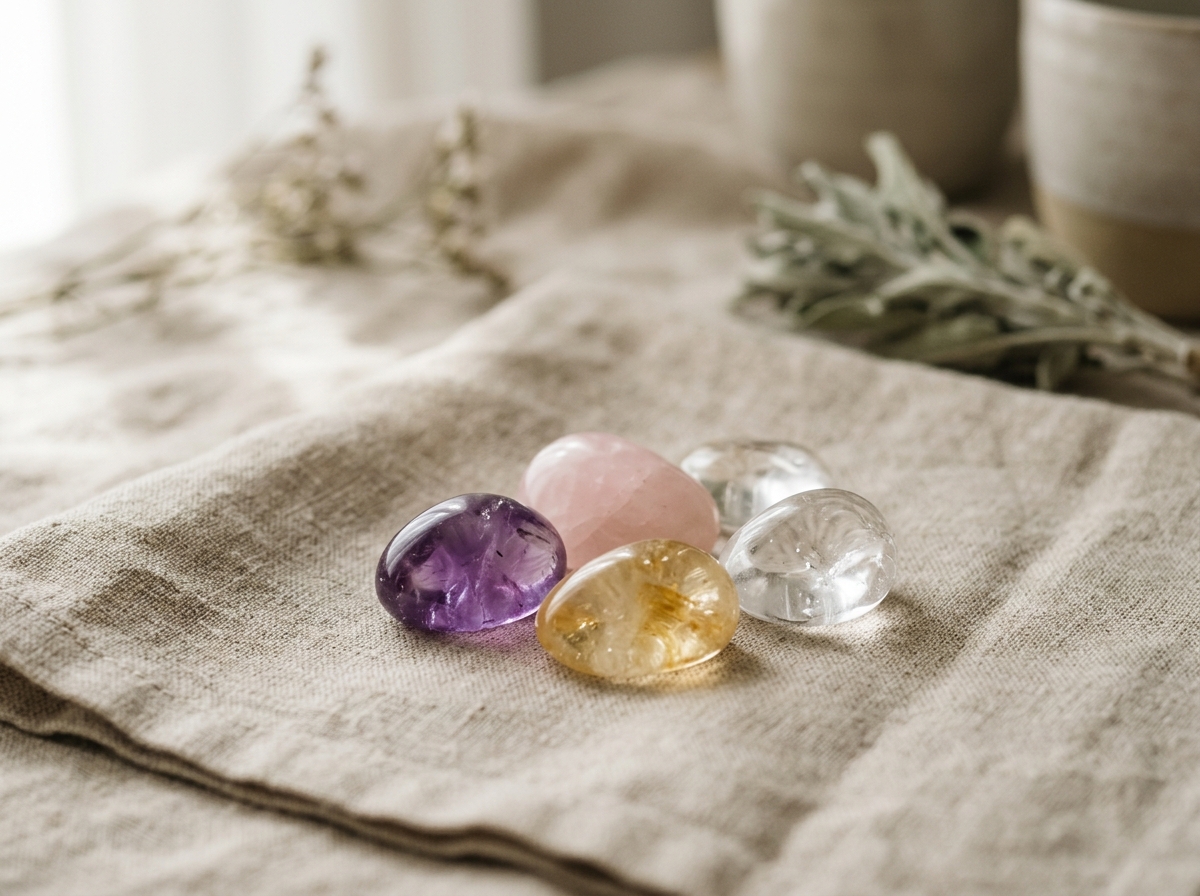 Améthyste, quartz rose et citrine posées ensemble sur un linge naturel