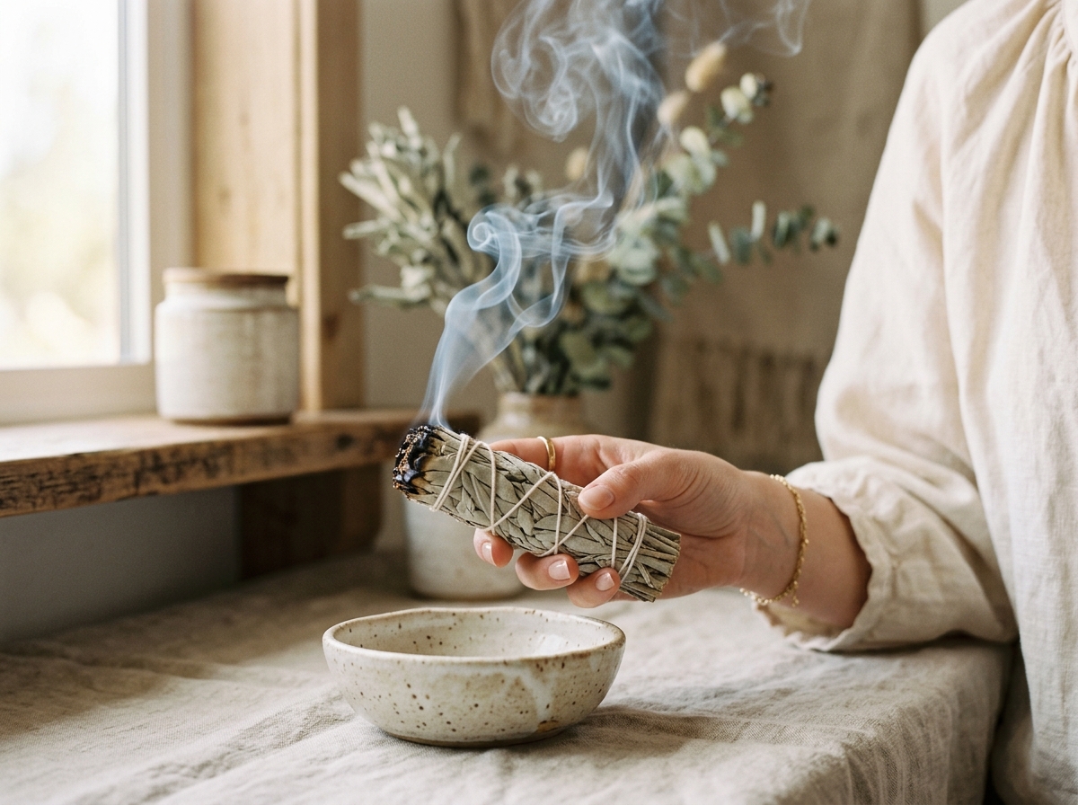 Fagot de sauge blanche fumant dans une coupelle en céramique, ambiance zen
