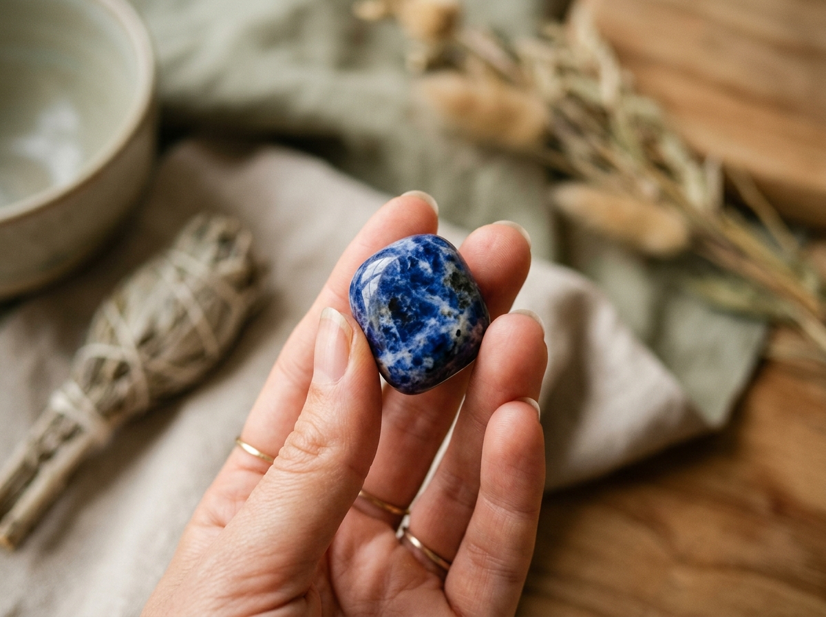 Sodalite bleue tenue dans la main, ambiance zen apaisante