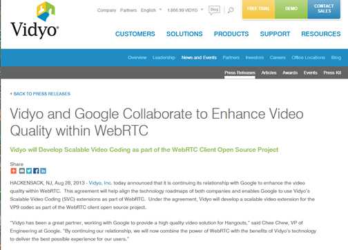 Vidyo and Google Collaborate to Enhance Video Quality within WebRTC
