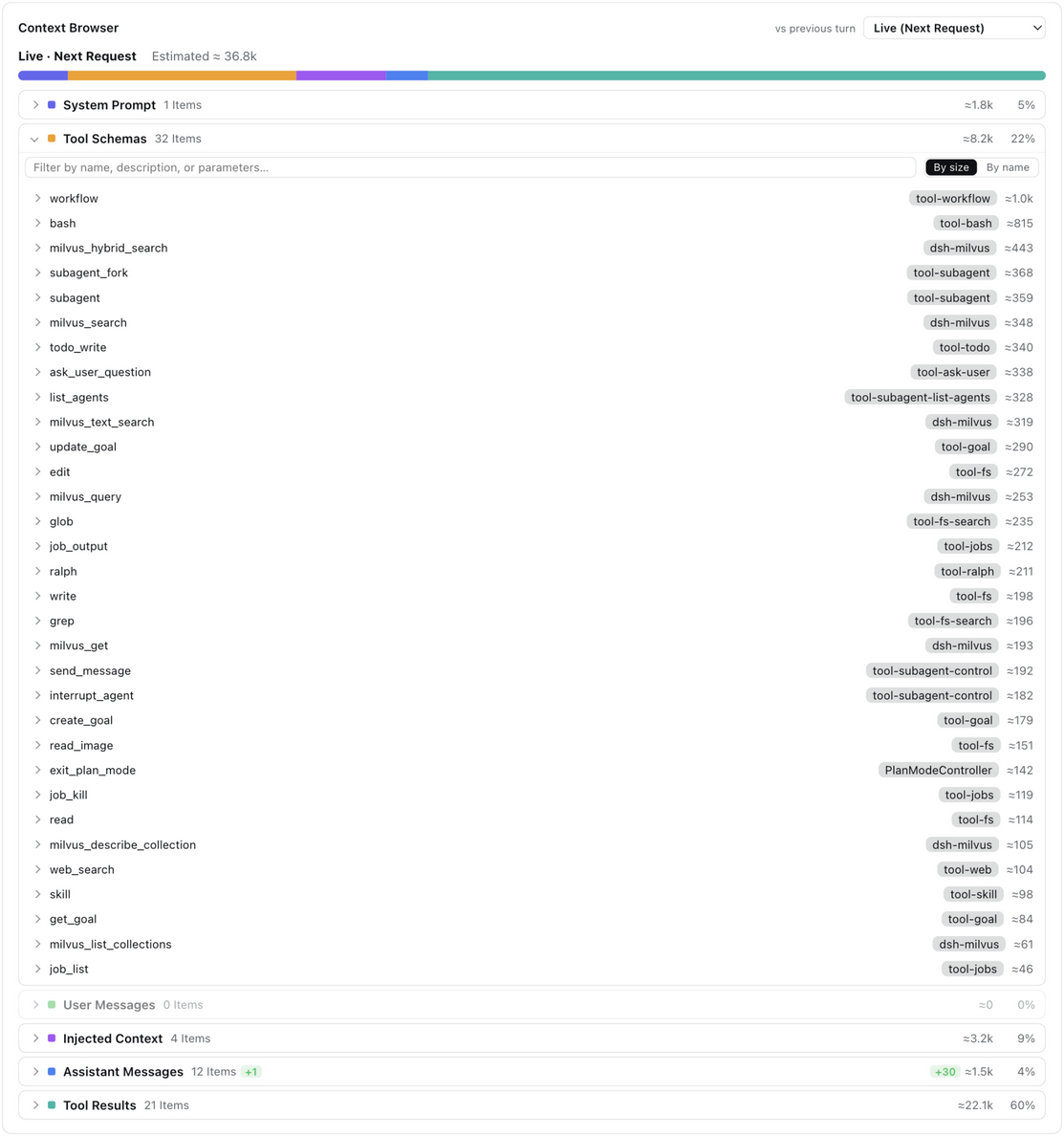 Tool schemas with source chips, filter, and sort