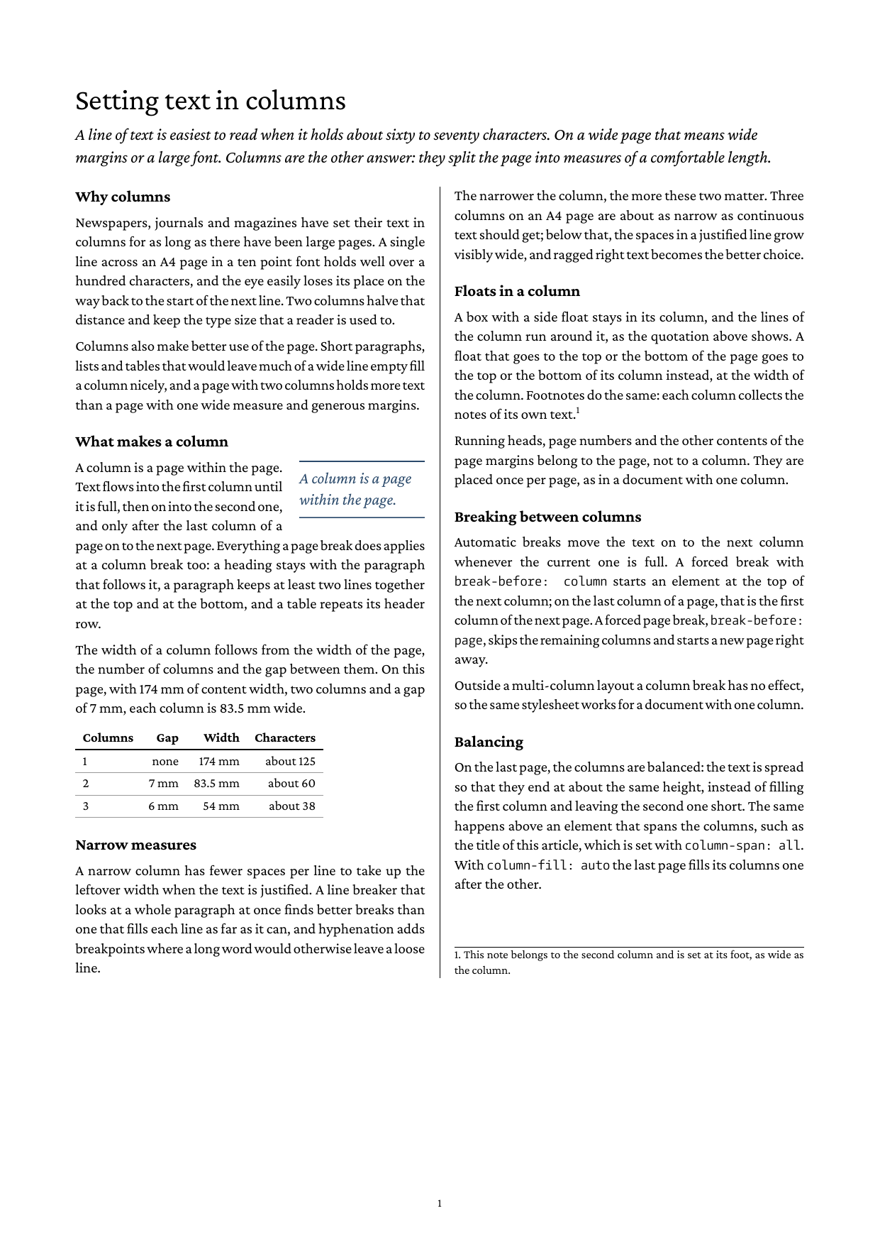 Multi-column page with a spanning title, rendered by htmlbag from HTML and CSS