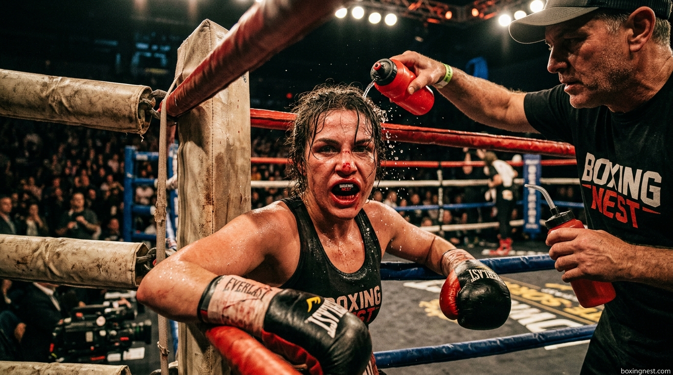 Female boxer in corner of ring wearing black and red Boxing Nest mouth guard