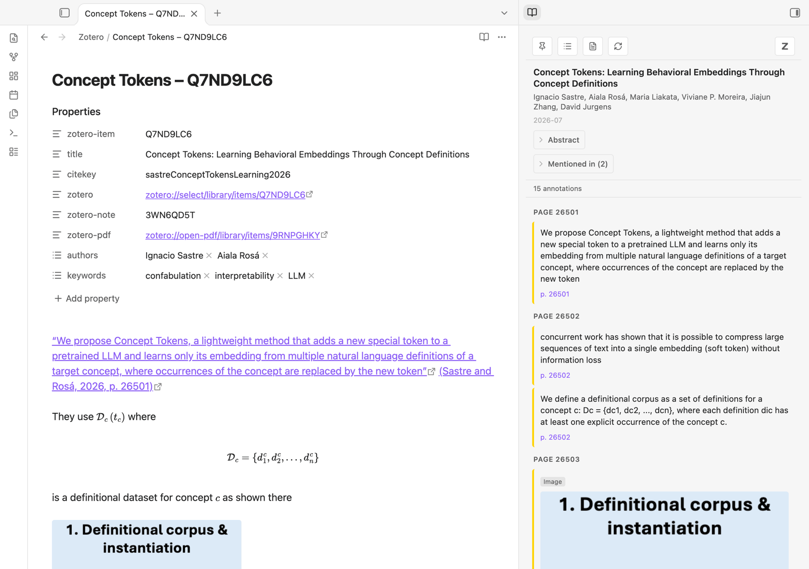 A literature note (properties linking to Zotero and the PDF, a Zotero note with its quotes and citations) next to the sidebar showing the paper and its annotations, grouped by page
