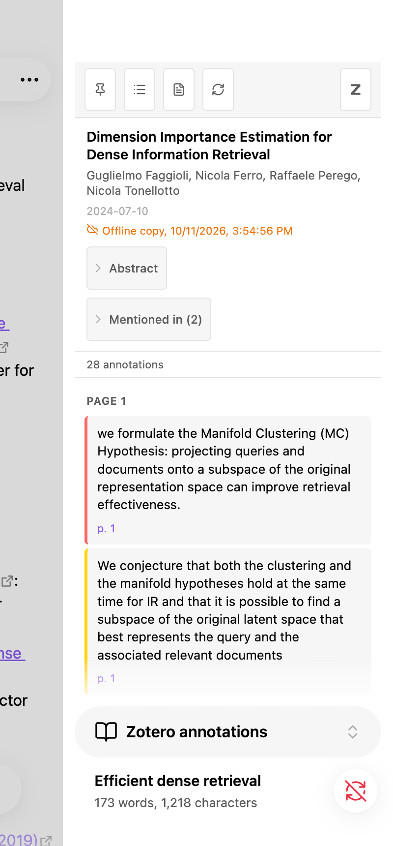 On a phone: the sidebar shows a paper from the copy kept in its literature note, marked Offline copy