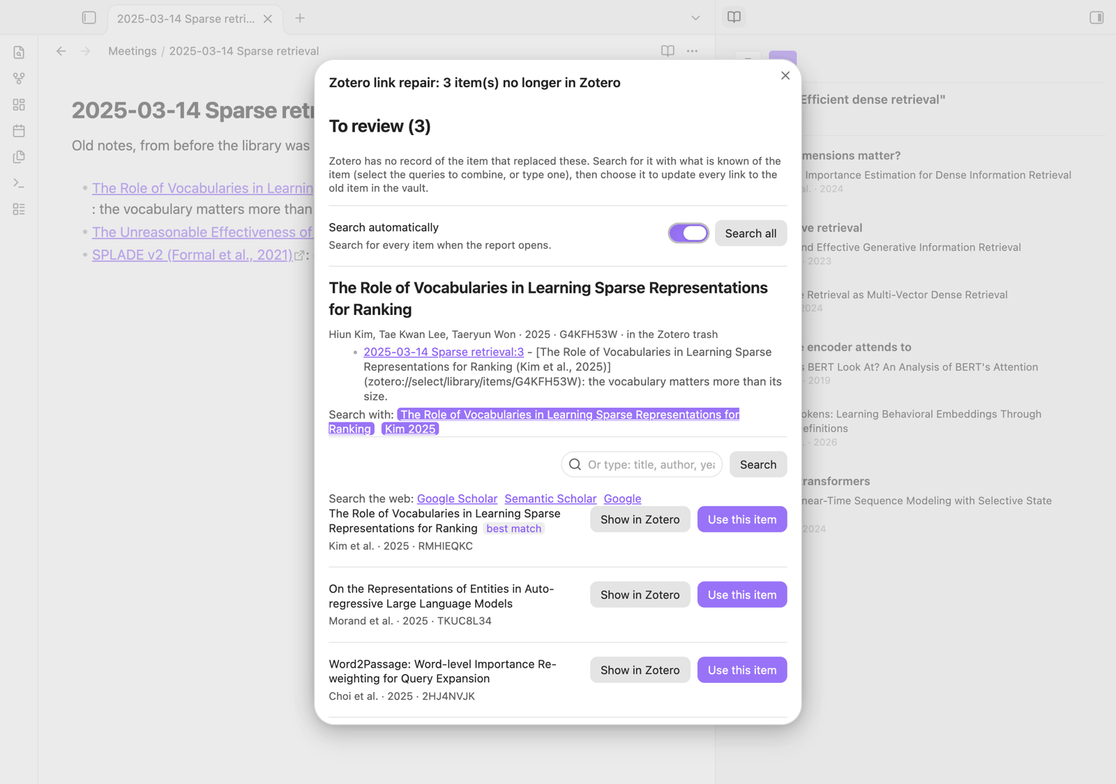 The link repair report of a note: an item in the Zotero trash, the line linking to it, the queries to search with, and the items found, the best match first